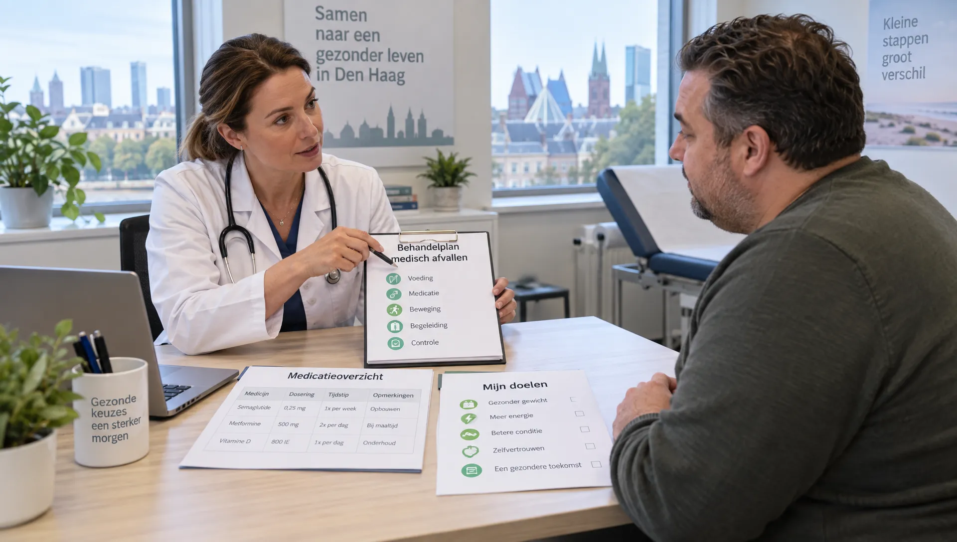 Een arts bespreekt met een volwassen patiënt aan een consulttafel een behandelplan, een medicatieoverzicht en persoonlijke doelen voor medisch afvallen.