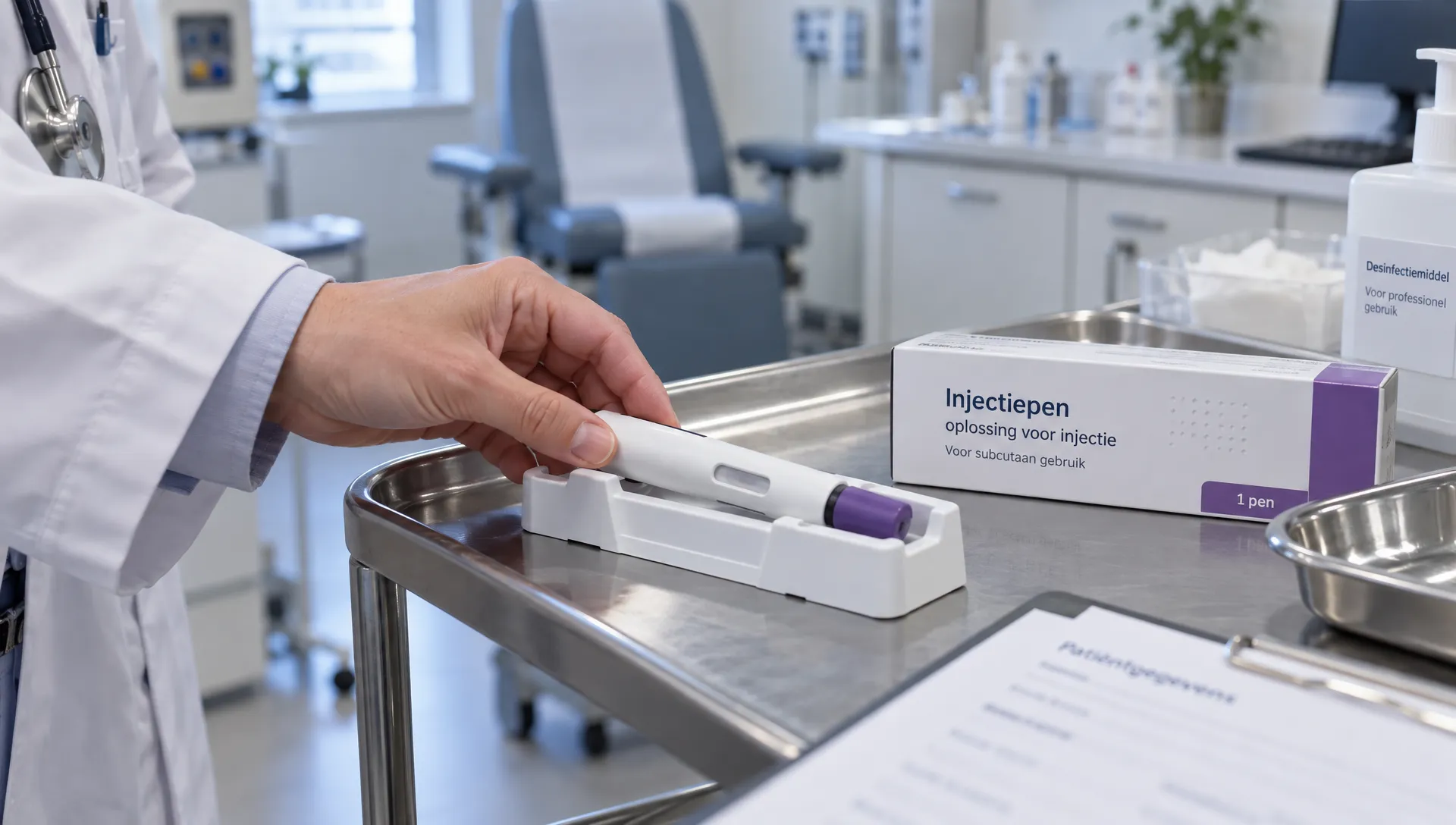 Een arts controleert een injectiepen in de behandelruimte tijdens de beoordeling van medicatie voor gewichtsverlies.