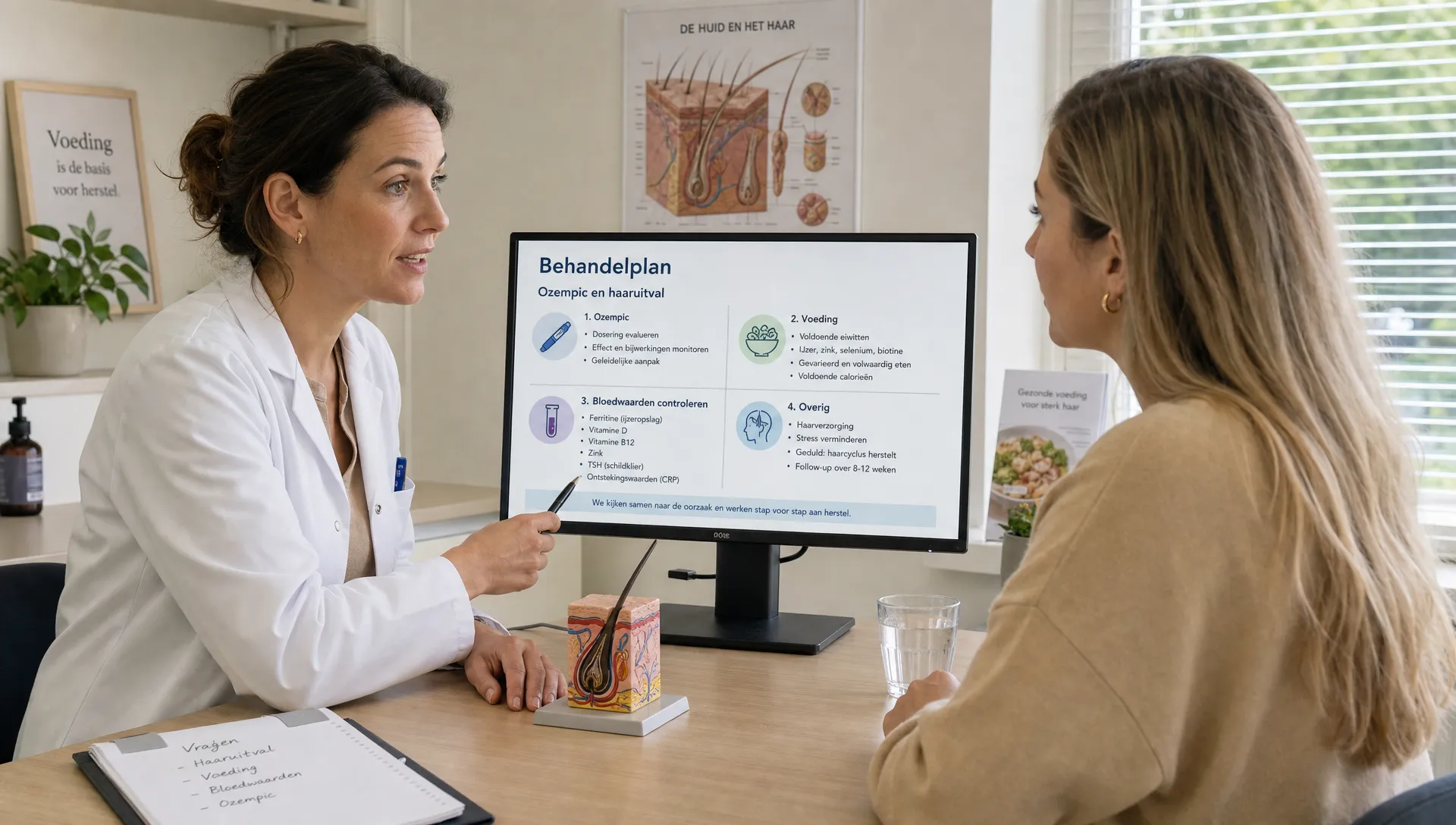 Een arts en cliënt bespreken in een spreekkamer het behandelplan bij Ozempic en haaruitval, met aandacht voor voeding en bloedwaarden.
