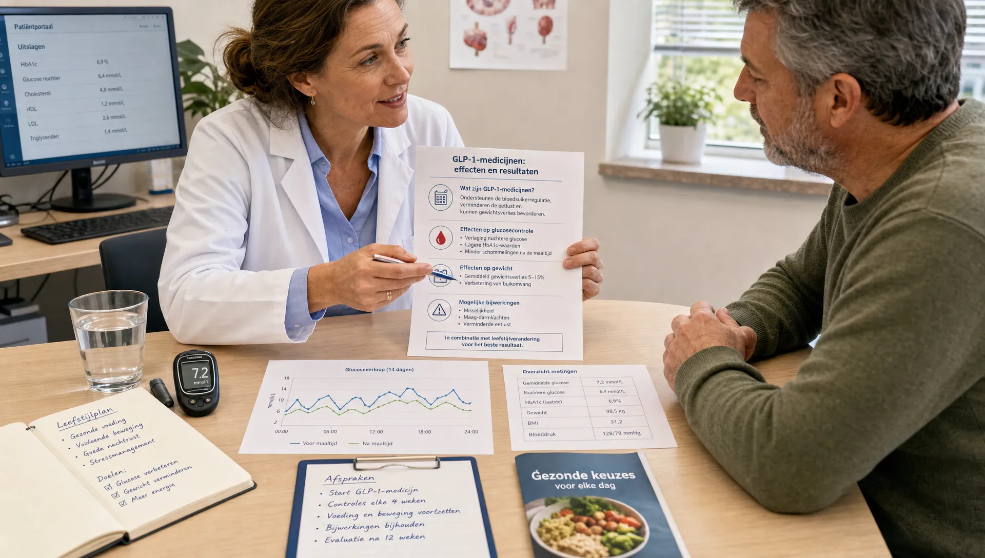 Een arts en een patiënt bespreken onderzoeksinformatie over GLP-1-medicijnen, glucosecontrole en leefstijl met meetgegevens en notities op tafel.