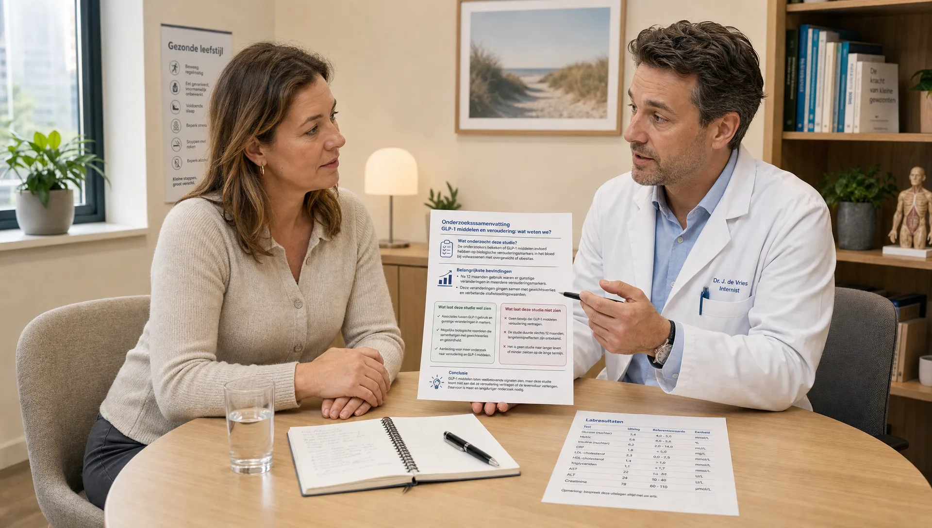 Een arts en een patiënt bespreken samen wat onderzoek naar GLP-1-medicijnen betekent voor veroudering en gezondheid.