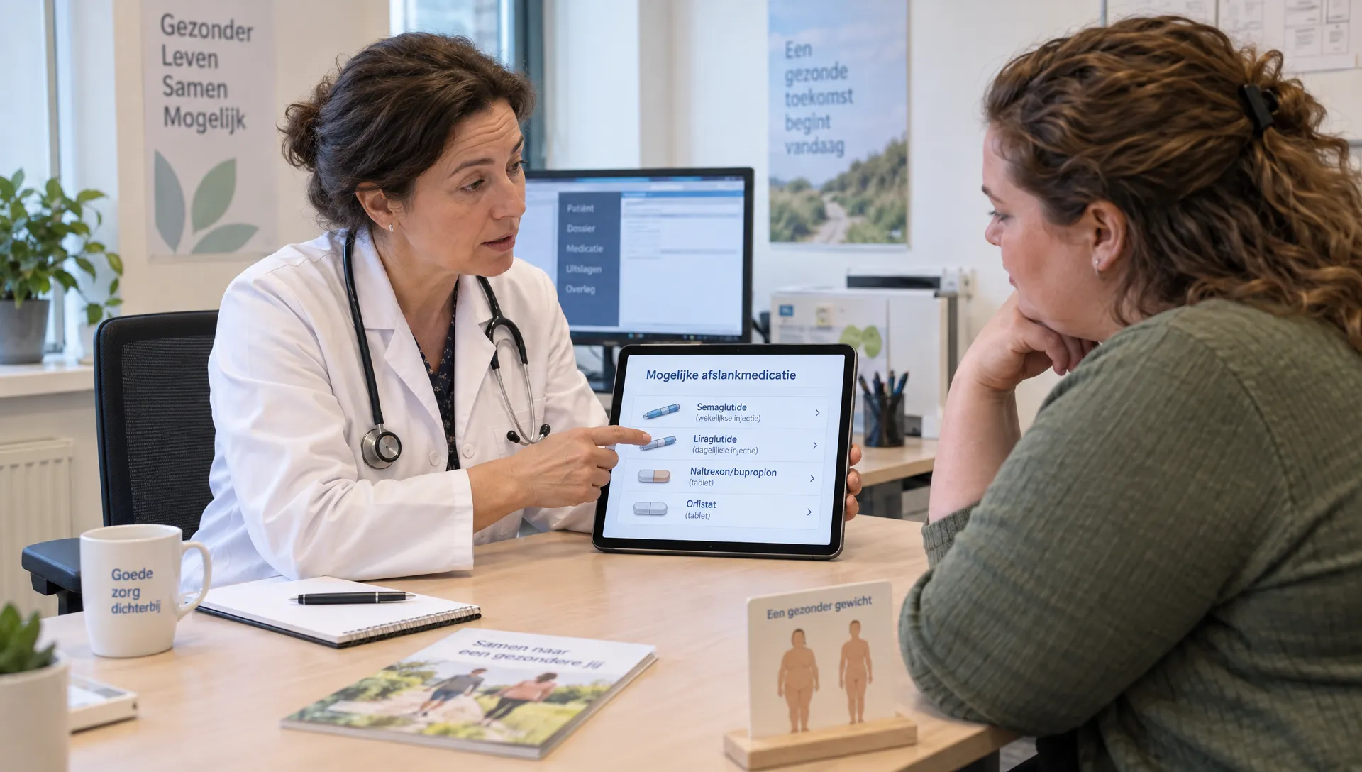 Een huisarts en een volwassen patiënt bespreken mogelijke afslankmedicatie in de spreekkamer, terwijl de huisarts het medicatieoverzicht op een tablet bekijkt.