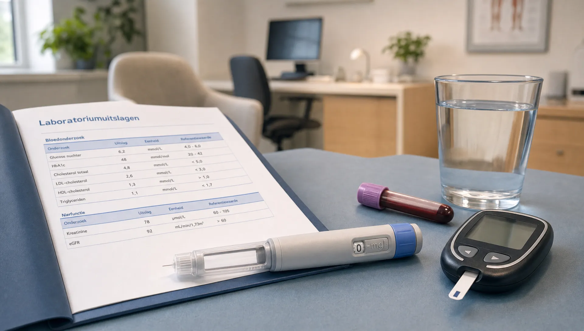 Een injectiepen naast laboratoriumuitslagen en een glucosemeter benadrukt medische controle bij retatrutide.