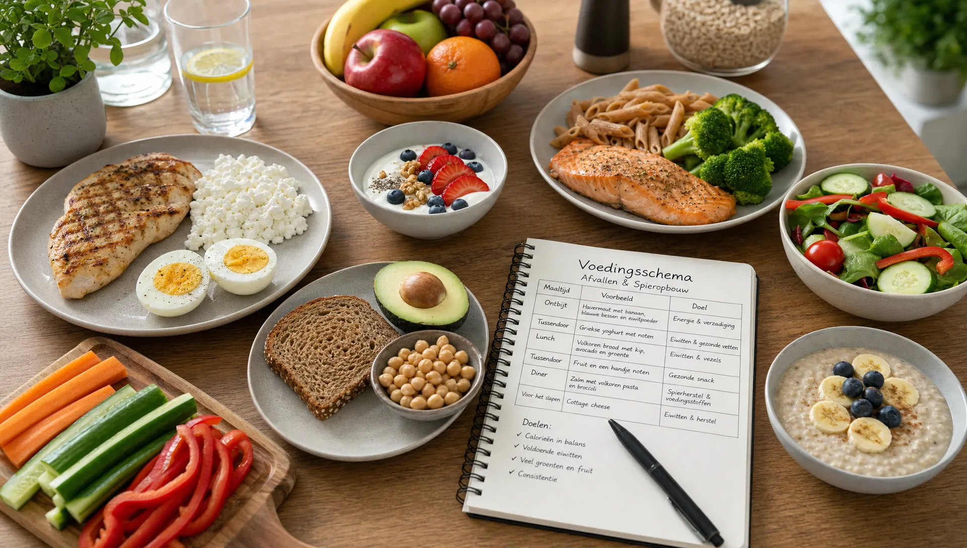Een keukentafel met eiwitrijke maaltijden, volkoren koolhydraten, groenten, fruit en een notitieboek voor een voedingsschema bij afvallen en spieropbouw.