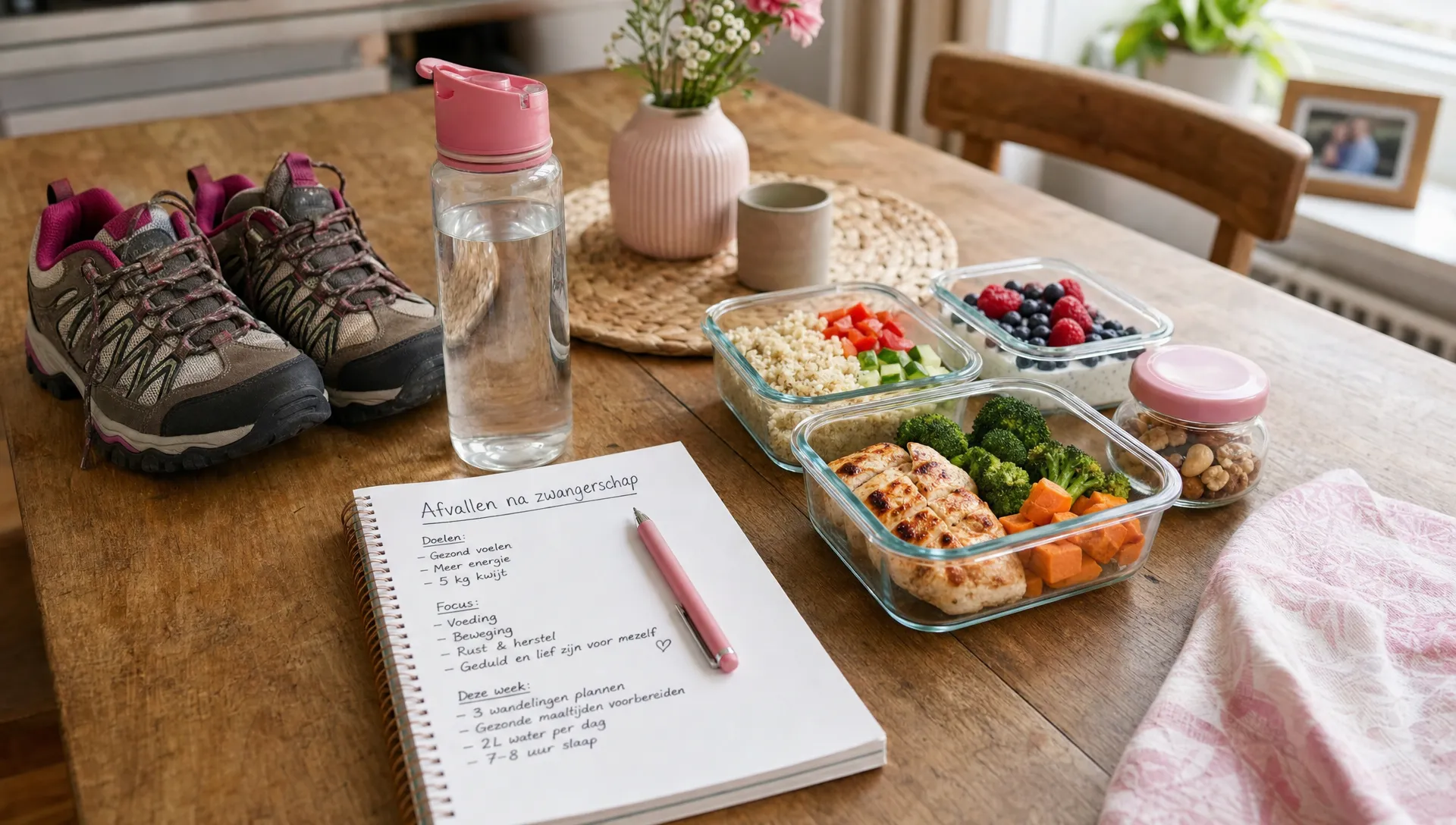 Een keukentafel met wandelschoenen, een waterfles, maaltijdvoorbereiding en een notitieboekje voor afvallen na zwangerschap.