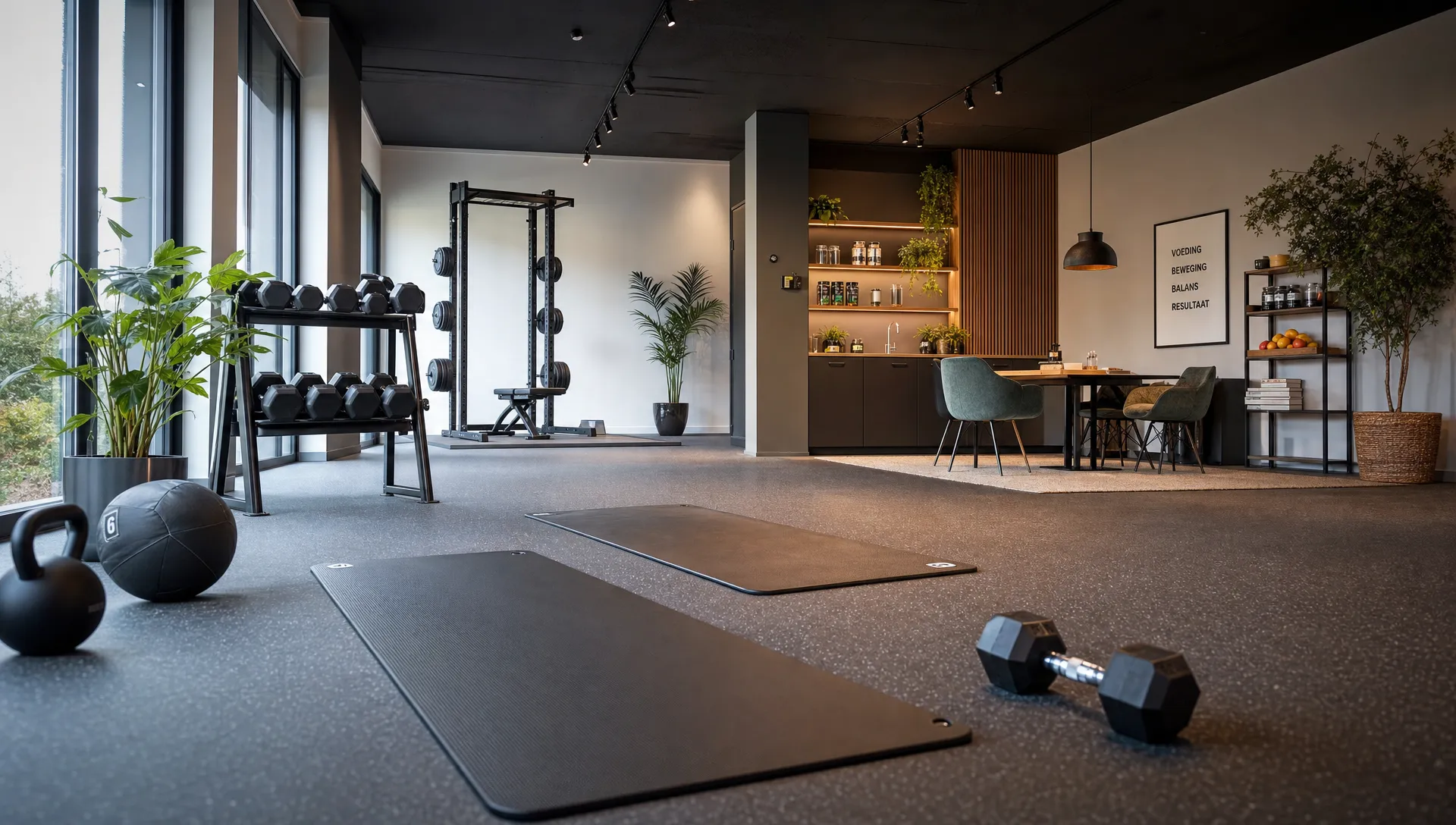 Een lichte fitness- en leefstijlstudio laat zien waar een voedingsschema voor afvallen en spieropbouw samen met coaching wordt toegepast.