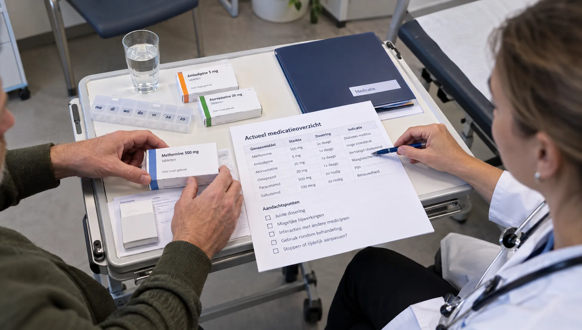 Een patiënt en arts controleren samen een medicatieoverzicht als onderdeel van een veilige keuze voor medisch afvallen.