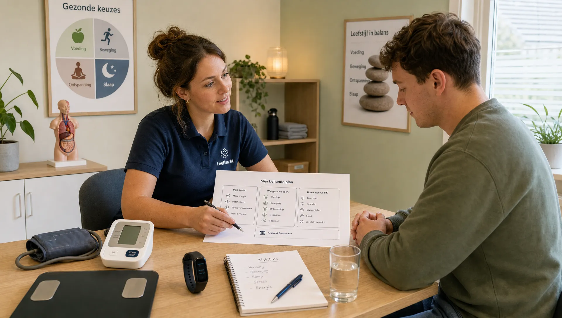 Een rustige behandelkamer waar een zorgprofessional en cliënt samen een persoonlijk behandelplan bespreken, met meetapparatuur en notities op tafel.