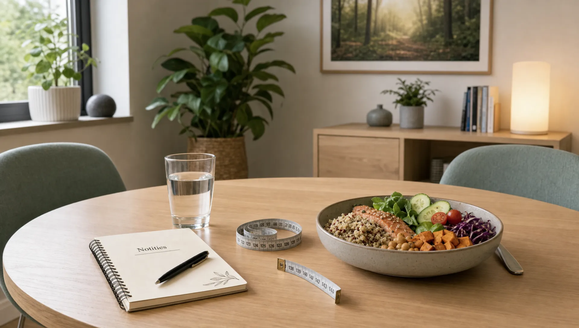 Een rustige consultkamer met een notitieboek, meetlint, glas water en een voedzame maaltijd op tafel voor een onderhoudsgesprek.
