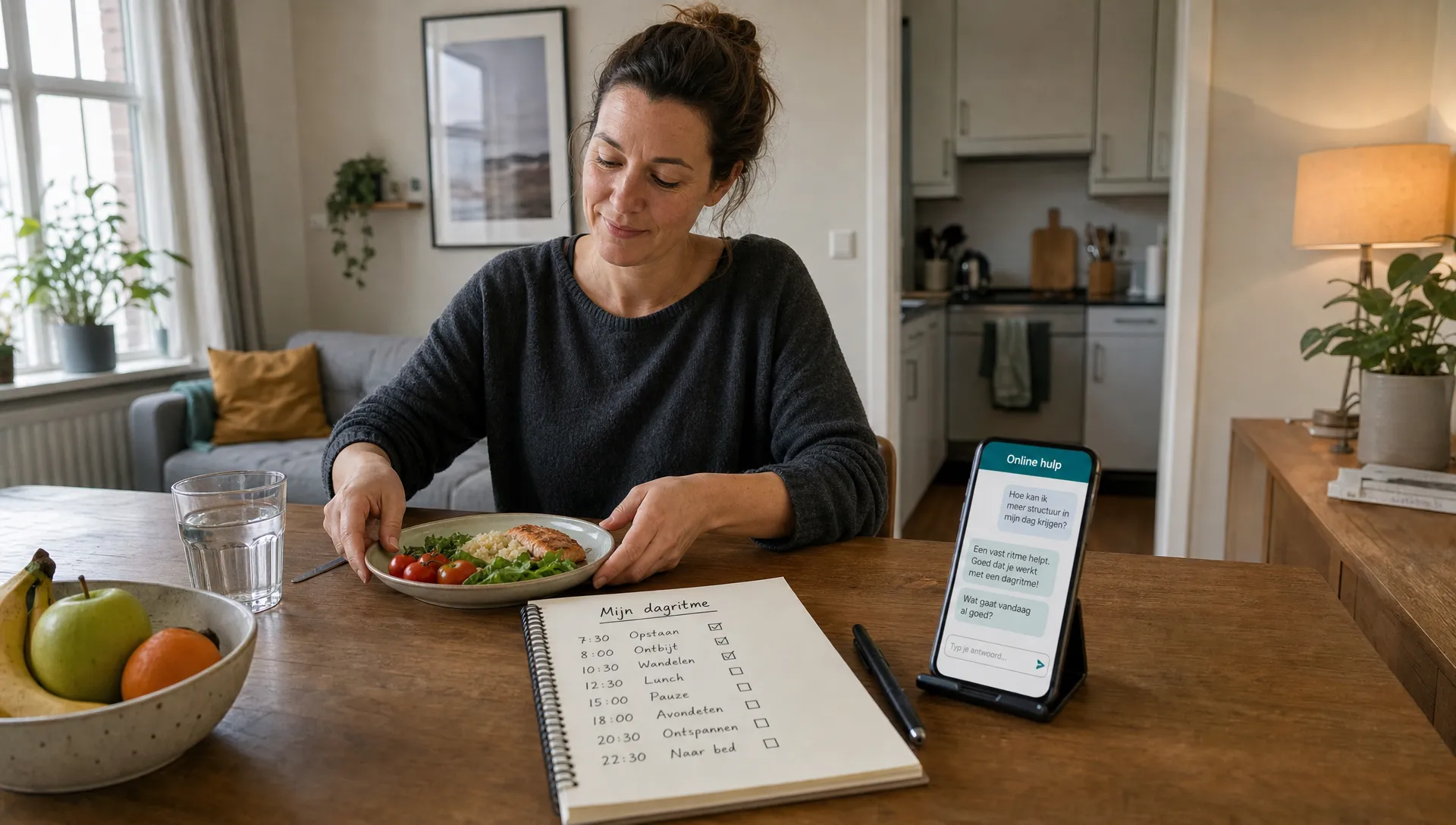 Een volwassen persoon bereidt aan de eettafel een maaltijdmoment voor binnen online hulp bij afvallen.