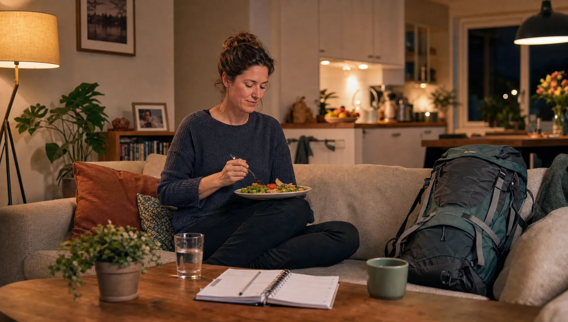 Een volwassen persoon op de bank met eten, water en een agenda laat een gewone avond na een afvaltraject zien.