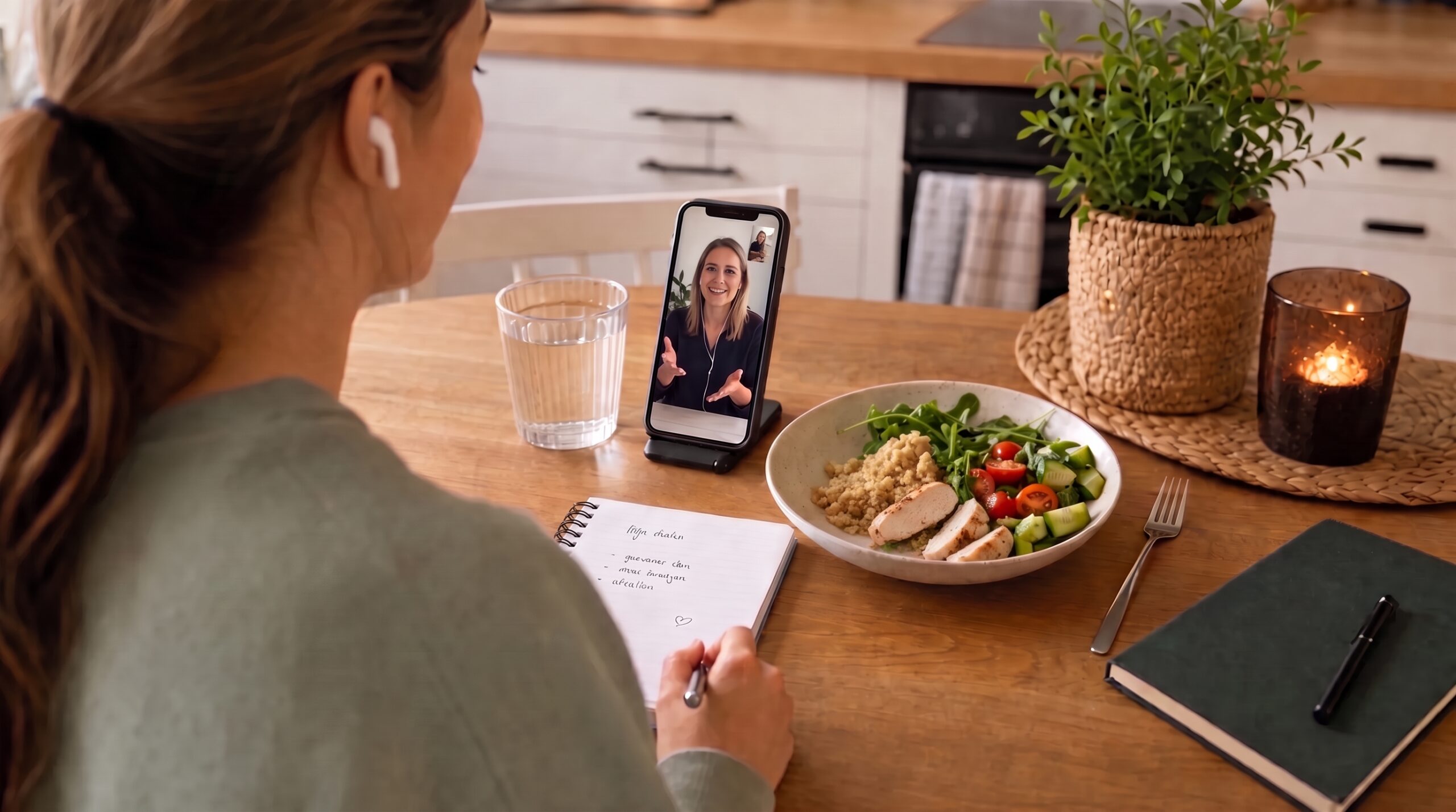 Een vrouw noteert online voedingsadvies tijdens een videogesprek naast een kom met salade, granen en een kleine portie kip.