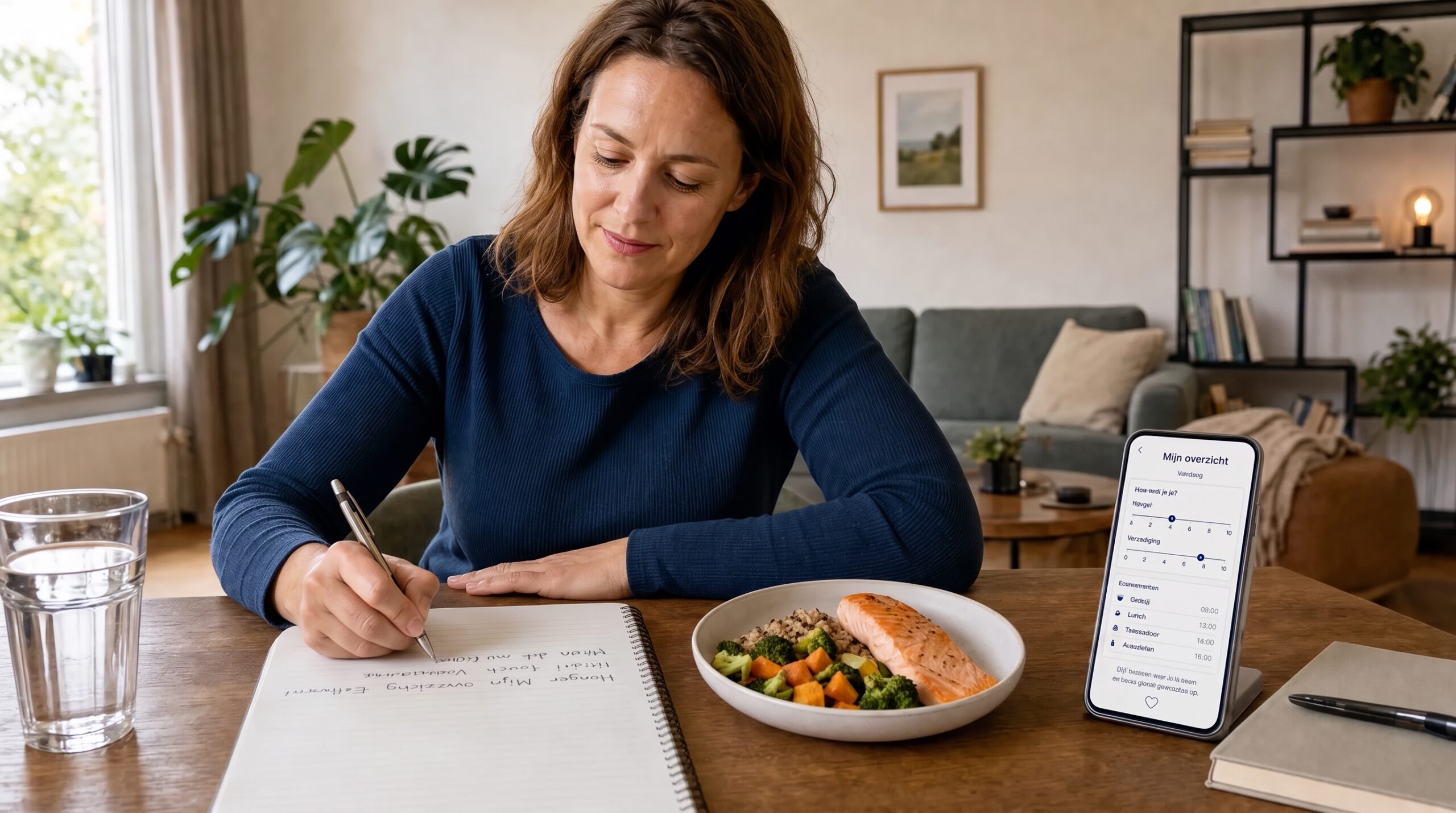 Een vrouw schrijft in een notitieboek naast een bord met een gezonde maaltijd en een telefoon met een eet- en gewichtsapp over tirzepatide.