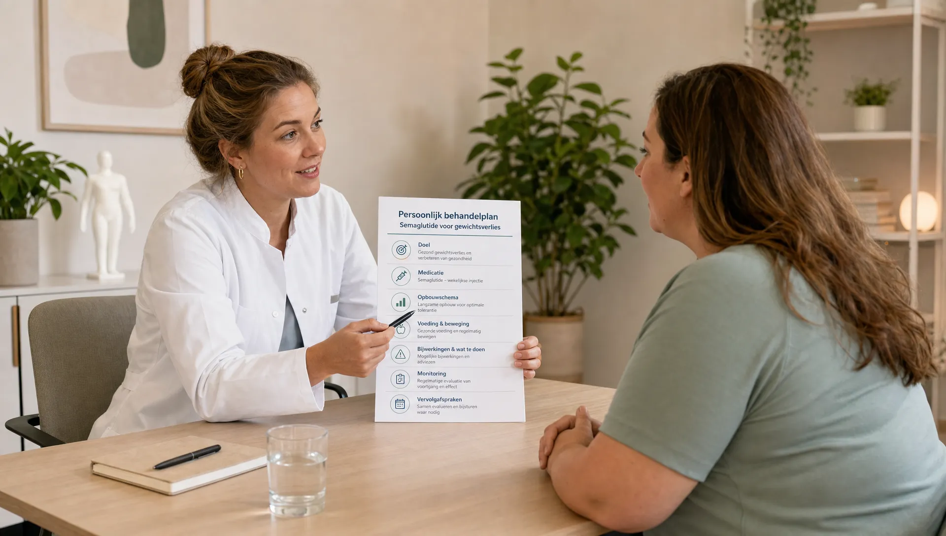 Een zorgprofessional bespreekt samen met een cliënt een persoonlijk behandelplan voor semaglutide afvallen in een rustige consultruimte.