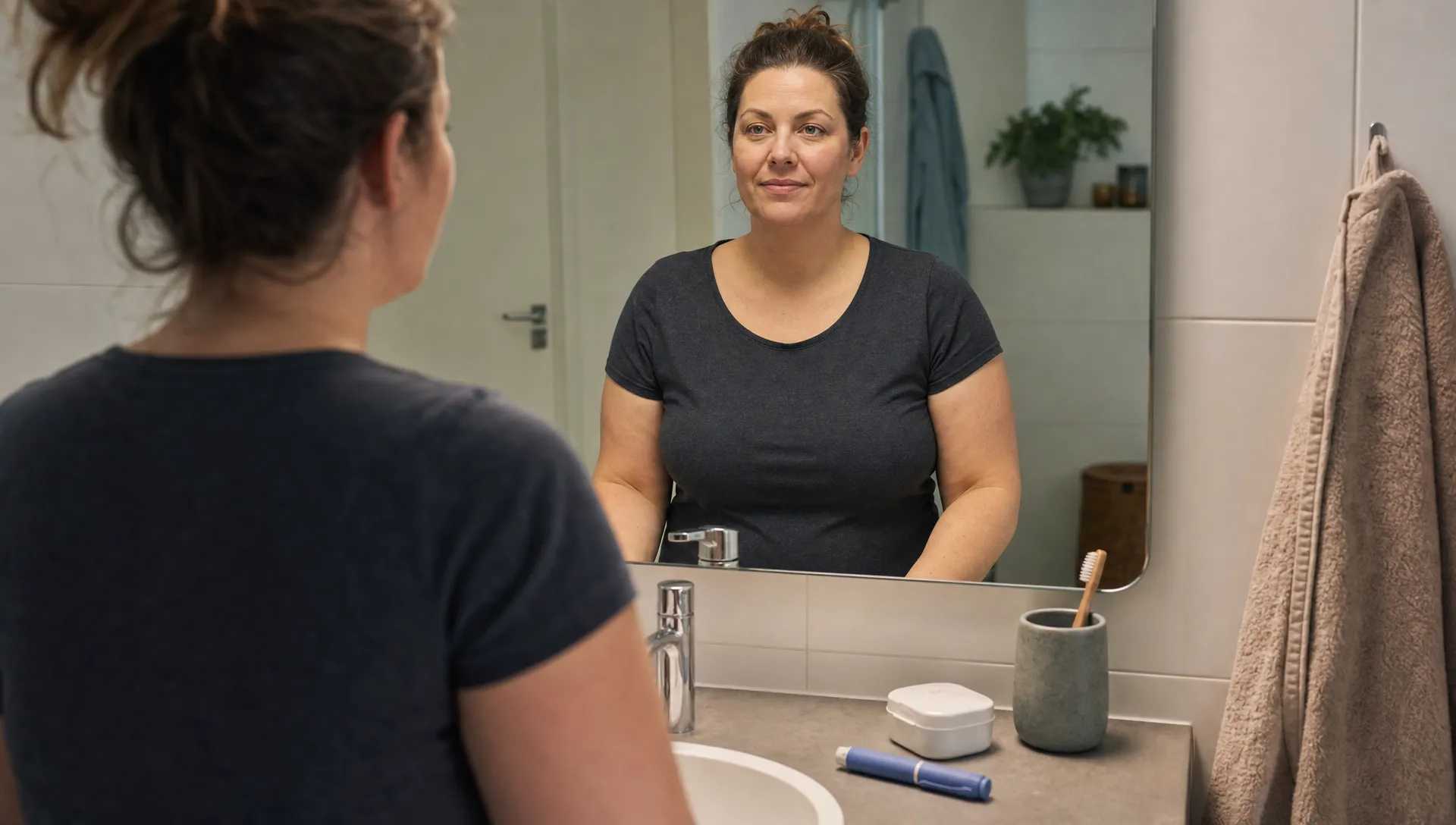 In de badkamer bereidt een volwassen persoon een injectiepen voor als onderdeel van afslankinjecties.