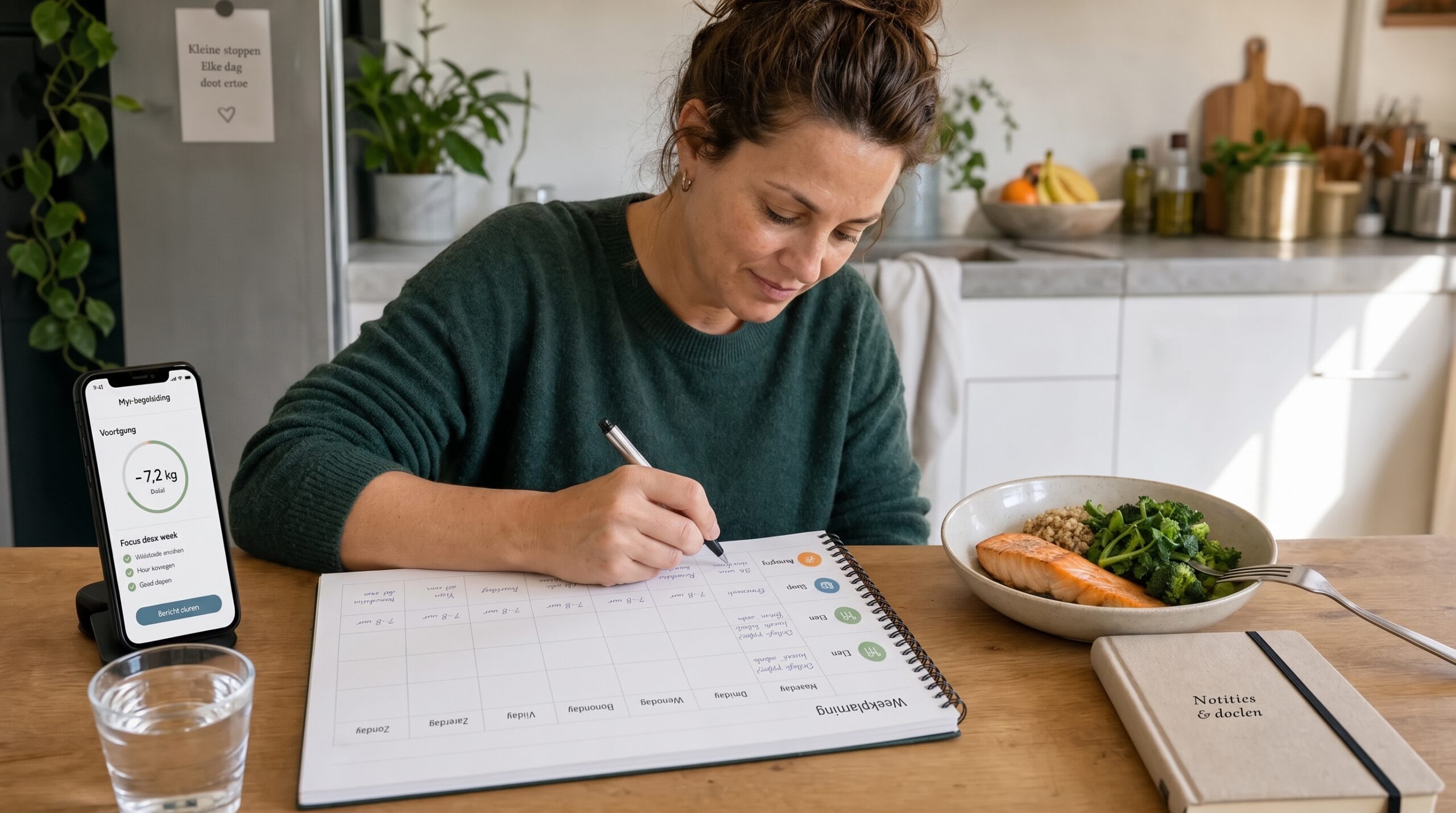 Vrouw vult een weekplanner in naast een telefoon met voortgang en een bord gezonde maaltijd bij medisch afvallen.
