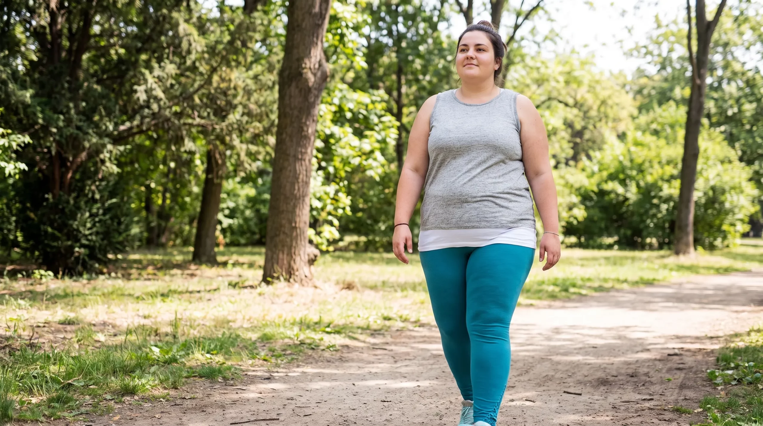 Vrouw wandelt buiten als rustige vorm van beweging om gezondheid en buikomvang te ondersteunen